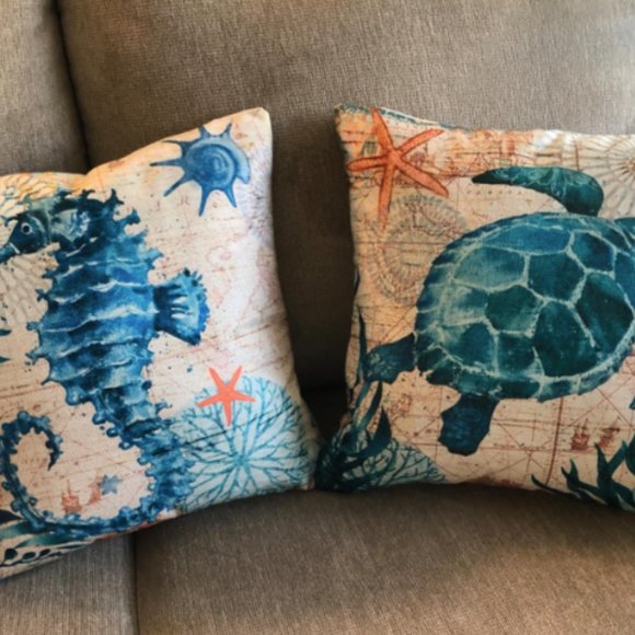 (Only Covers) Set of 2 Throw Pillow Covers Cotton Linen Ocean Starfish 18x18inch - Picture 1 of 8